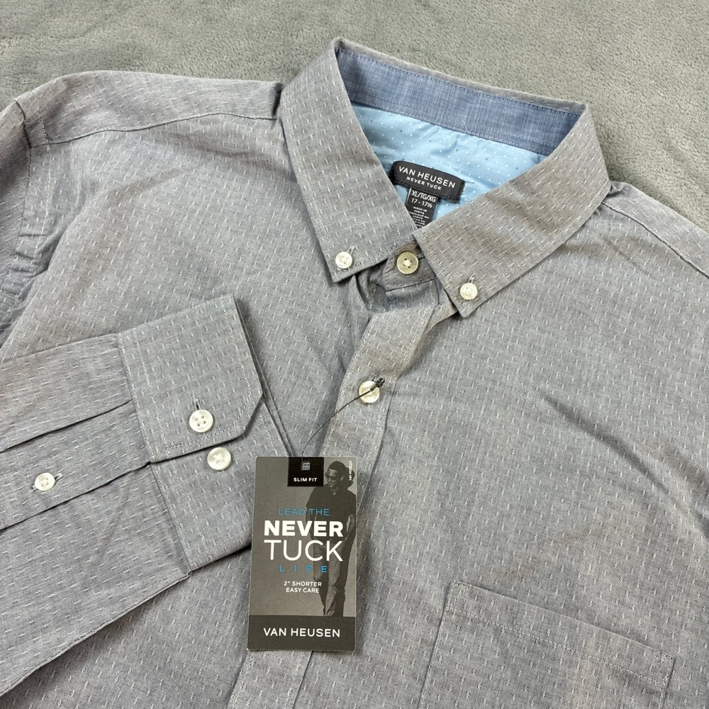 Van Heusen Men's XL Never Tuck Slim Fit Gray Geometric Long Sleeve Button Down